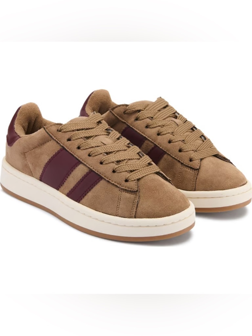 Madden Girl Tan Suede Sneakers with Burgundy Stripes Nollie Sneakers
